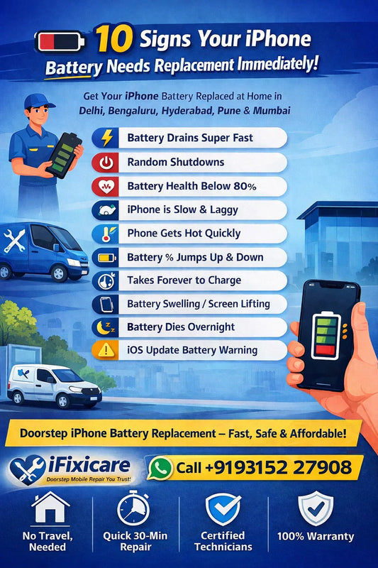 Doorstep iPhone battery replacement services including iPhone Battery Replacement in Delhi, iPhone Battery Replacement in Hyderabad, iPhone Battery Replacement in Pune and iPhone Battery Replacement in Bangalore.