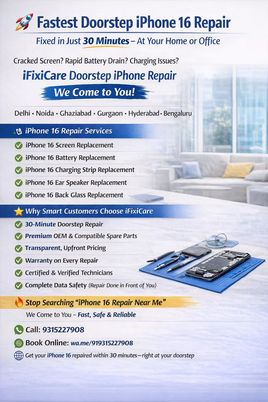 Doorstep iPhone 16 Repair services include iPhone 16 Screen Replacement, iPhone 16 Back Glass Replacement, iPhone 16 Ear Speaker Replacement, iPhone 16 Charging Strip Replacement, and iPhone 16 Battery Replacement