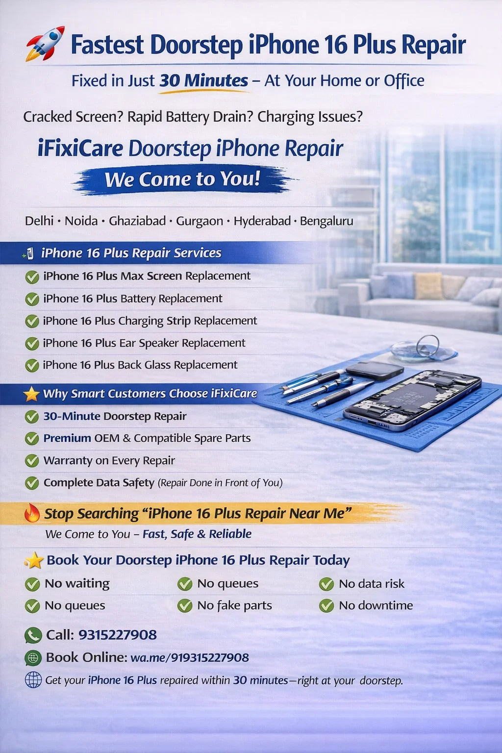 Doorstep iPhone 16 Plus Repair services include iPhone 16 Plus Screen Replacement, iPhone 16 Plus Back Glass Replacement, iPhone 16 Plus Charging Strip Replacement, and iPhone 16 Plus Battery Replacement