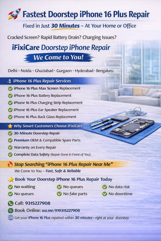 Doorstep iPhone 16 Plus Repair services include iPhone 16 Plus Screen Replacement, iPhone 16 Plus Back Glass Replacement, iPhone 16 Plus Charging Strip Replacement, and iPhone 16 Plus Battery Replacement