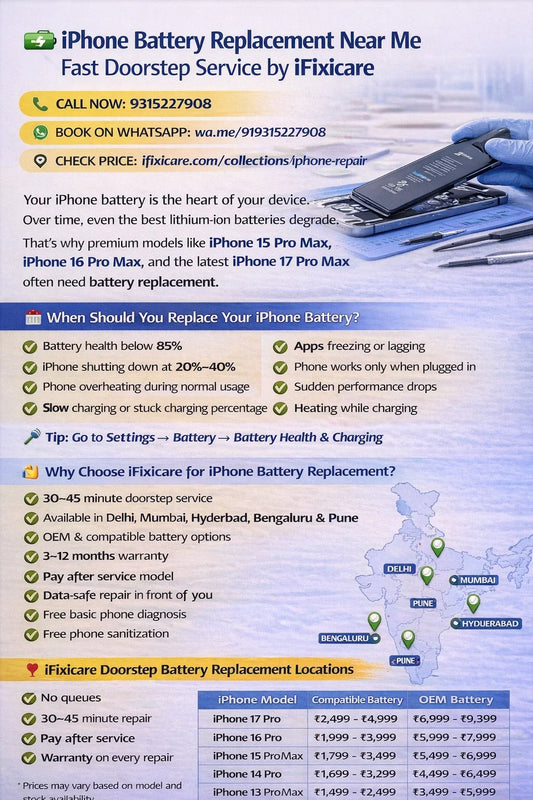 iPhone battery replacement near me by iFixicare includes iphone battery replacement in Delhi, iphone battery replacement in Mumbai, iphone battery replacement in Hyderabad, iphone battery replacement in Bengaluru and iphone battery replacement in Pune