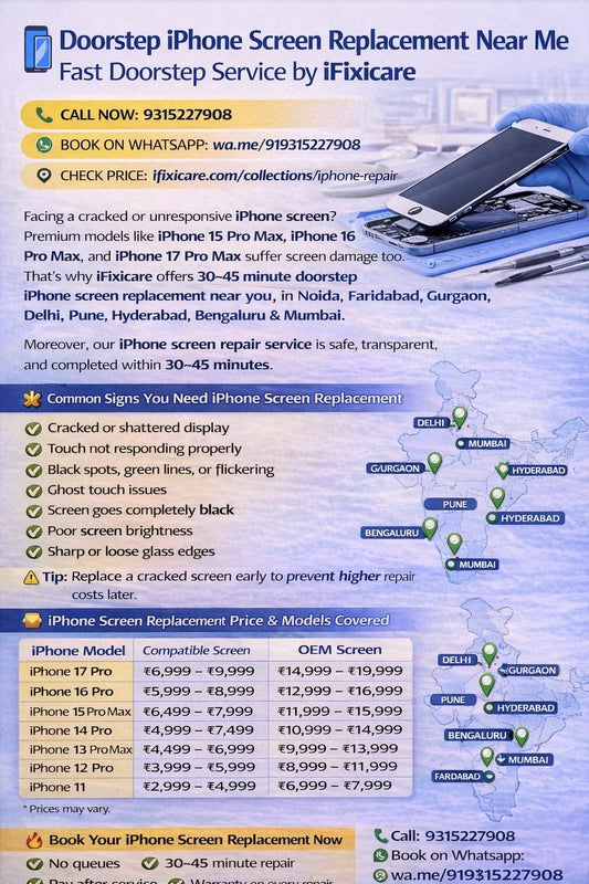 Doorstep iPhone screen replacement near me, iPhone screen replacement in Delhi, iPhone screen replacement in Pune, iPhone screen replacement in Hyderabad, iPhone screen replacement in Bengaluru, and iPhone screen replacement in Mumbai