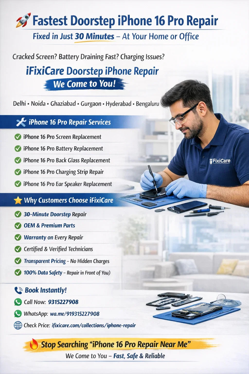 Doorstep iPhone 16 Pro repair service in Noida, Gurgaon, Hyderabad and Bengaluru by iFixiCare for iPhone 16 Pro screen replacement, iPhone 16 Pro battery replacement, iPhone 16 Pro back glass replacement and iPhone 16 Pro charging strip repair
