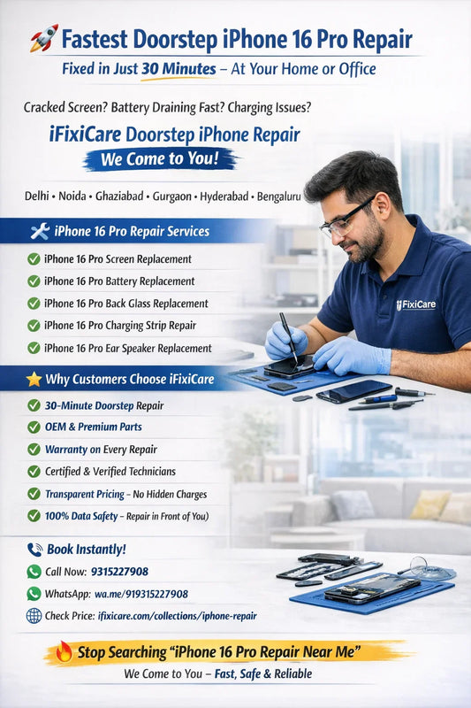 Doorstep iPhone 16 Pro repair service in Noida, Gurgaon, Hyderabad and Bengaluru by iFixiCare for iPhone 16 Pro screen replacement, iPhone 16 Pro battery replacement, iPhone 16 Pro back glass replacement and iPhone 16 Pro charging strip repair