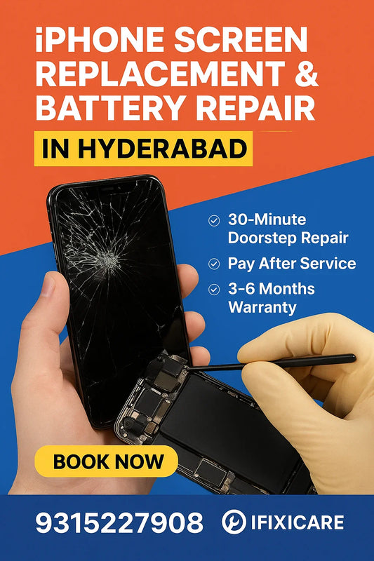 Doorstep iPhone repair in Hyderabad including services phone screen replacement, iphone back glass replacement, iphone battery replacement, iphone charging port replacement